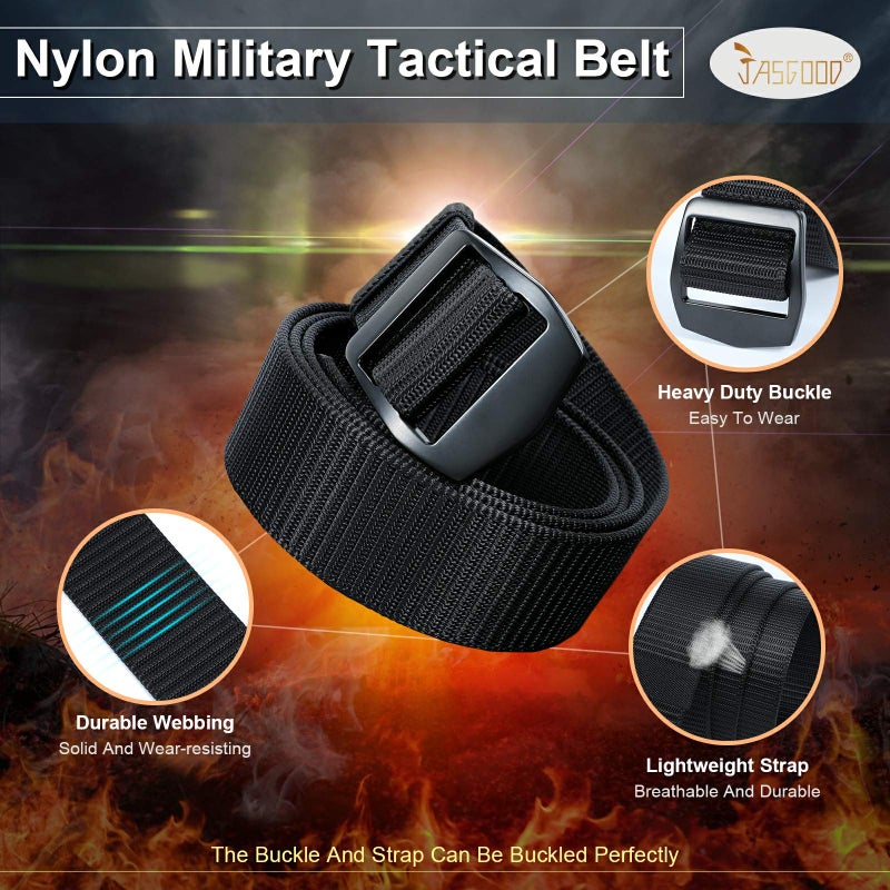 JASGOOD Tactical Heavy Duty Reinforced Nylon Belt for Men Adjustable Military Webbing Belt Strap with Metal Buckle (Pants Size Below 42 Inches, 2-Black) - Image 2
